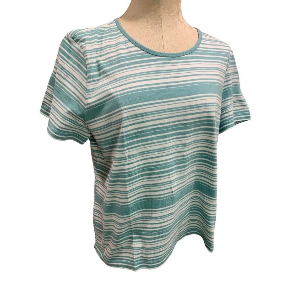 XL Izod Ladies Women's Vintage 1990s Tshirt Striped Turquoise White